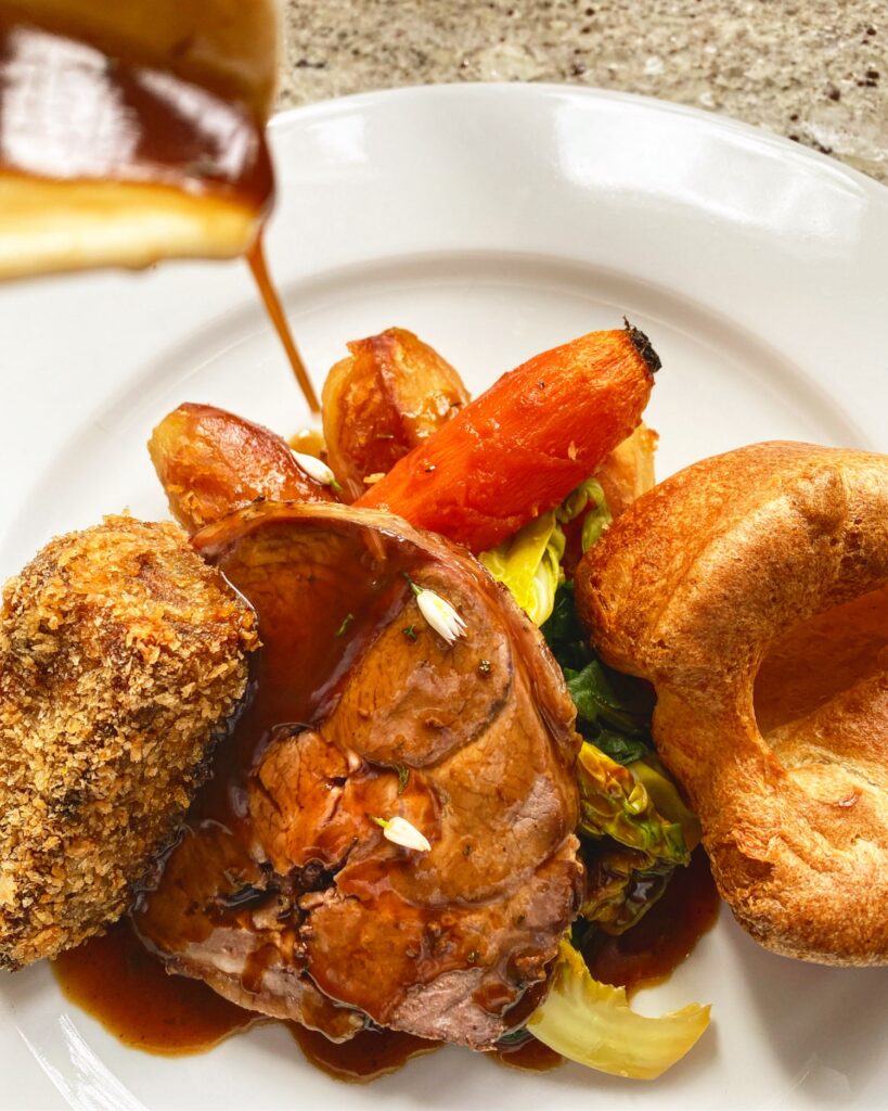 delicious roast with veg and yorkshire pudding