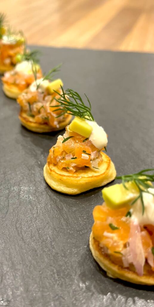 cheese and onion crumpet canape