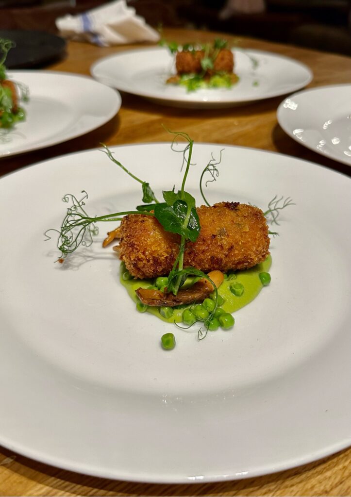 pea, mushroom and croquette starer