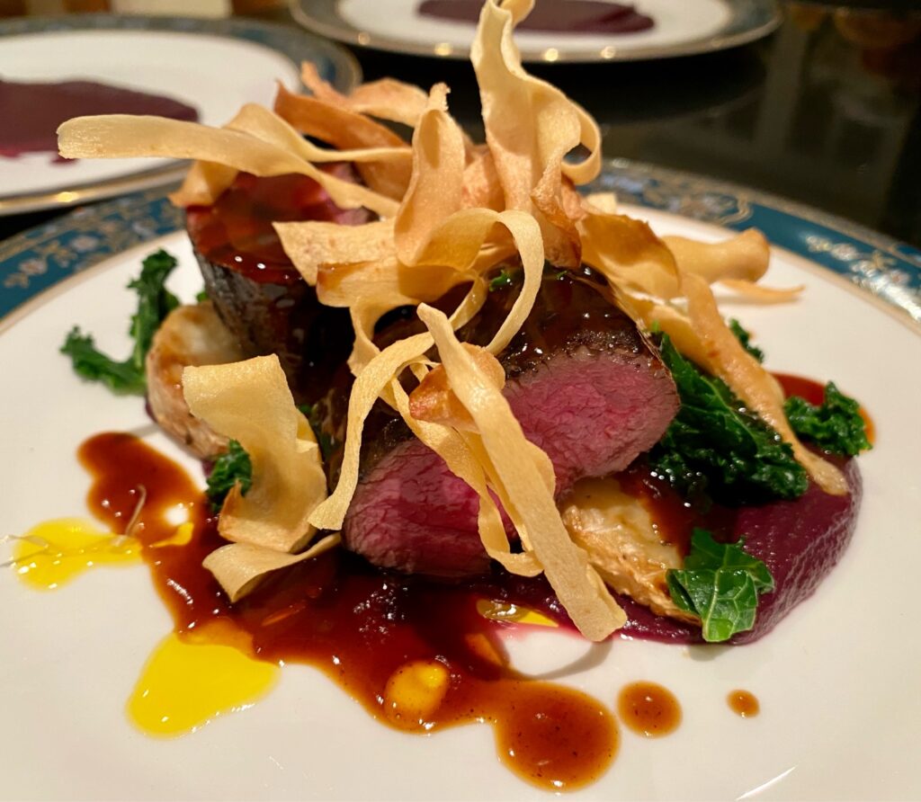 amazingly cooked beef with parsnip crisps