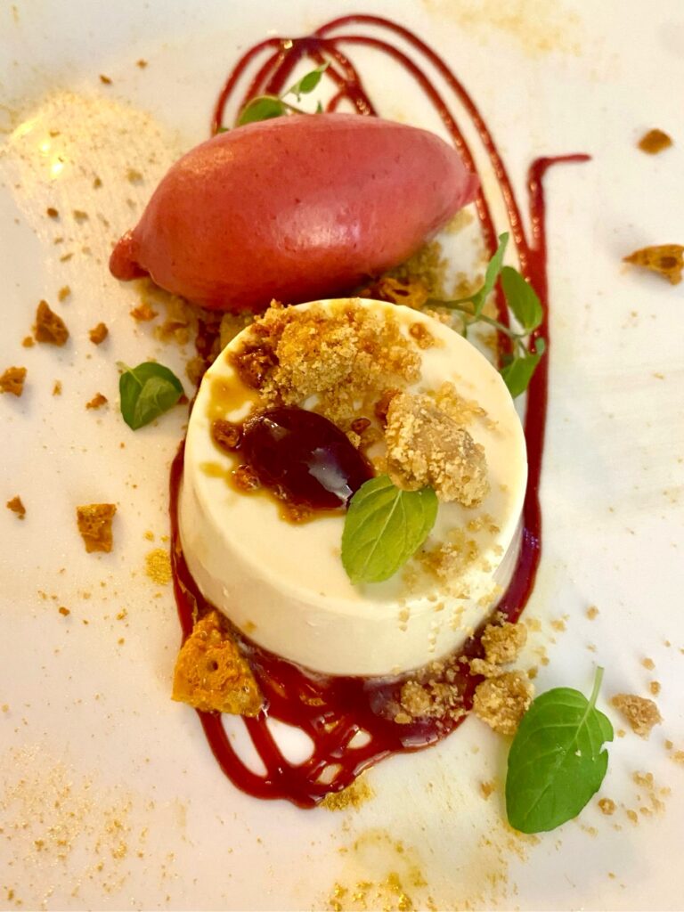 panna cotta with raspberry sorbet and biscuit